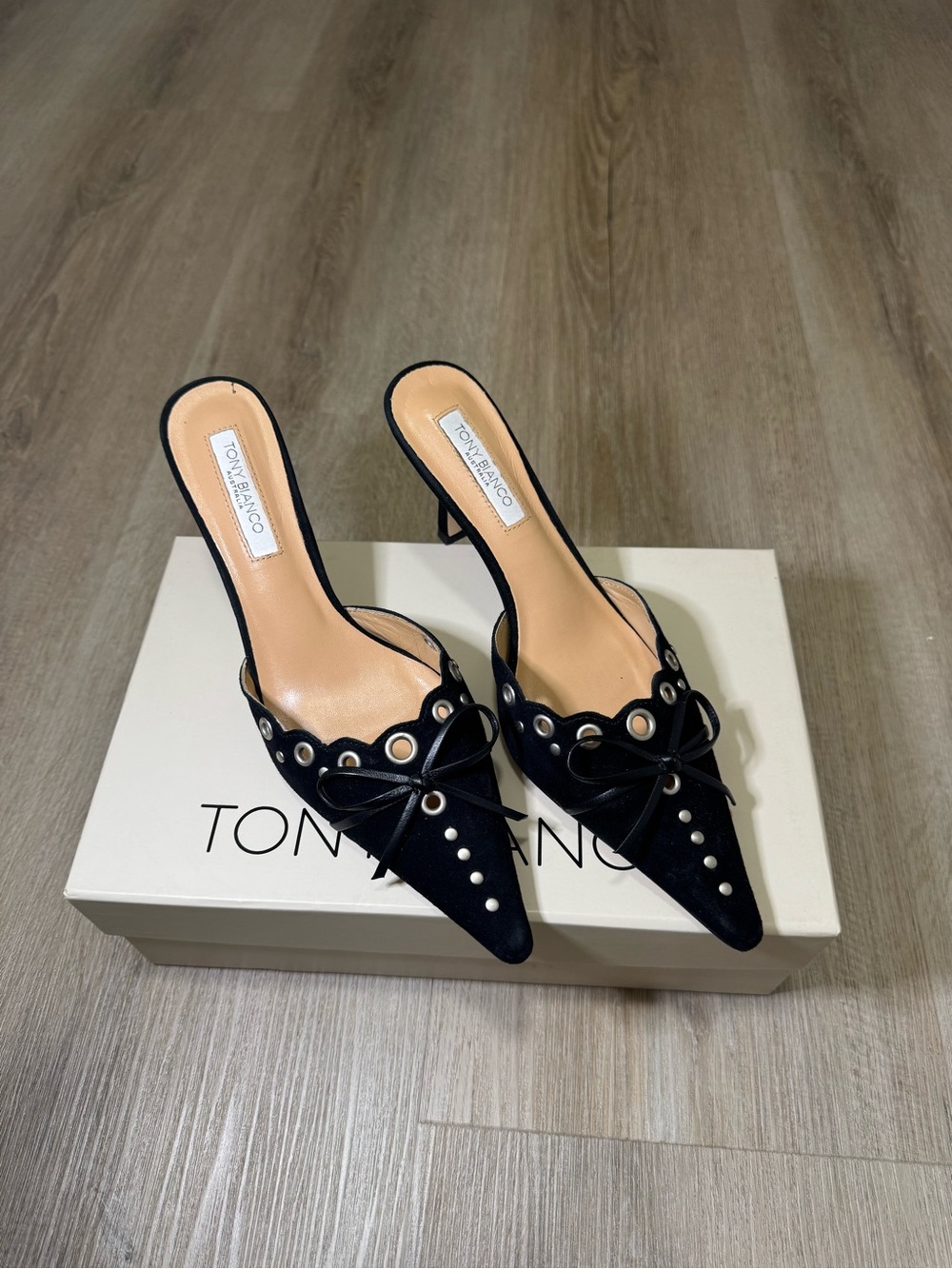 Tony Bianco Black Pointed Mule Heels with Eyelet & Bow Detail